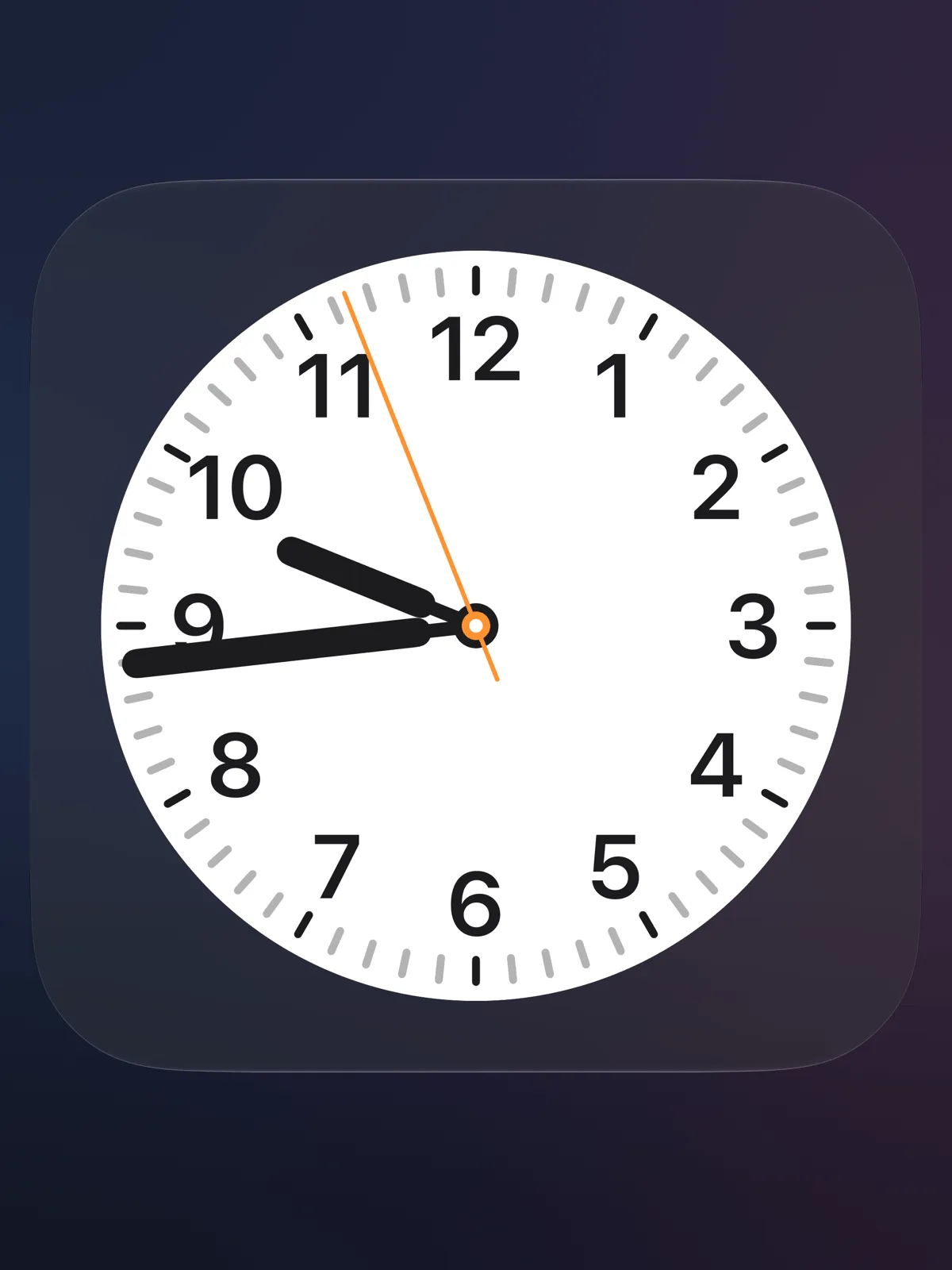 The analog face on an iPad in dark mode, on a deep navy and plum mesh gradient.