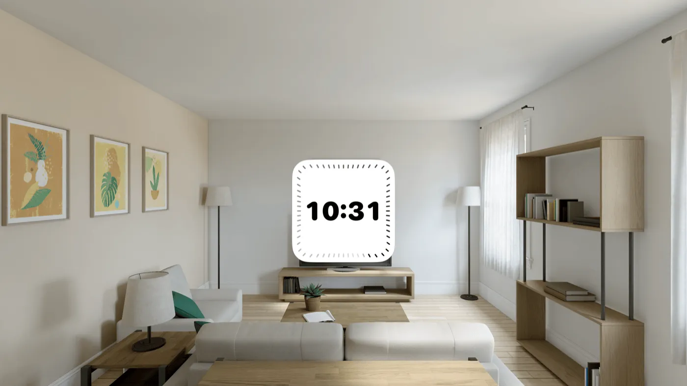 The digital face in a visionOS window, floating in a living room.